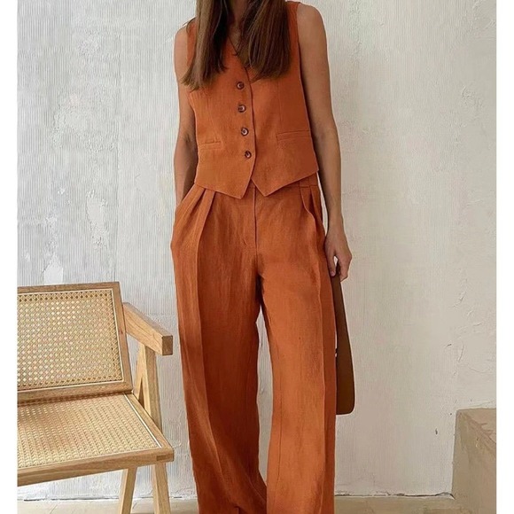 Commense Pants - Commense Orange Vest + Pants Set Cotton Linen Two Piece Set Womens XS NWOT